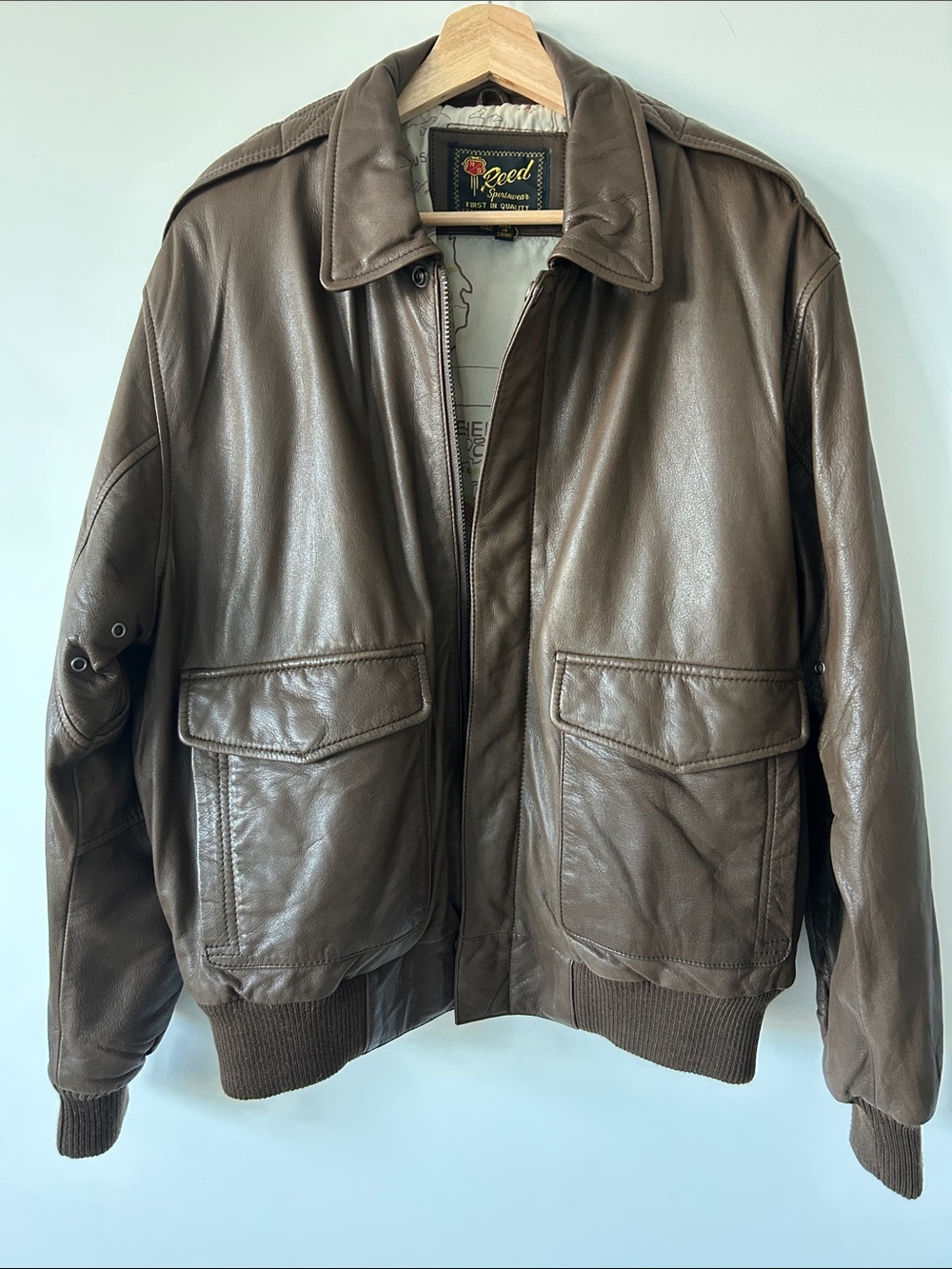 Vintage Reed Sportswear Brown Leather A-2 Flight Bomber Jacket Map Lining 42R